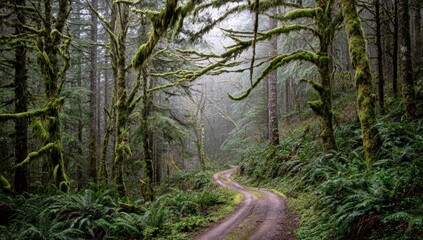 A winding dirt path meanders through a lush, mossy forest, bathed in soft, diffused light.