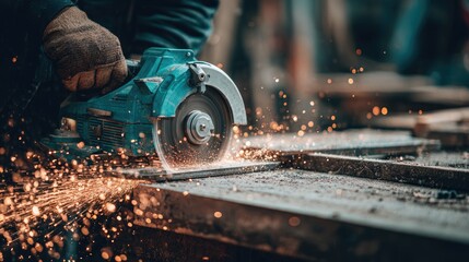 A person using a circular saw to cut metal bars in a workshop.