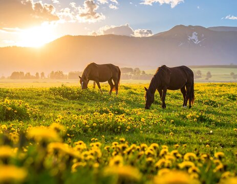Two horses grazing in a field of dandelions at sunset