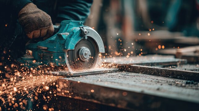 A person using a circular saw to cut metal bars in a workshop.
