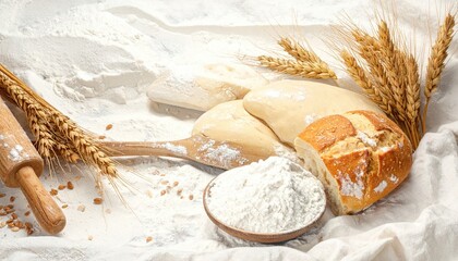Rustic Dough Preparation Still Life with Flour Wheat and Rolling Pin on White Fabric Background