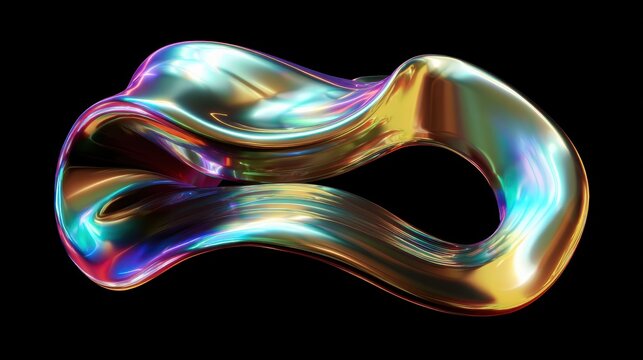 Iridescent melted liquid shape on black background, holographic effect