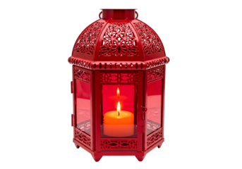 A vibrant red lantern, intricately designed, holds a warm candlelight against a stark black backdrop.