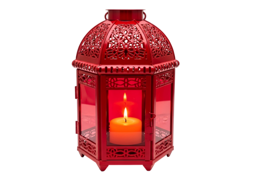 A vibrant red lantern, intricately designed, holds a warm candlelight against a stark black backdrop.