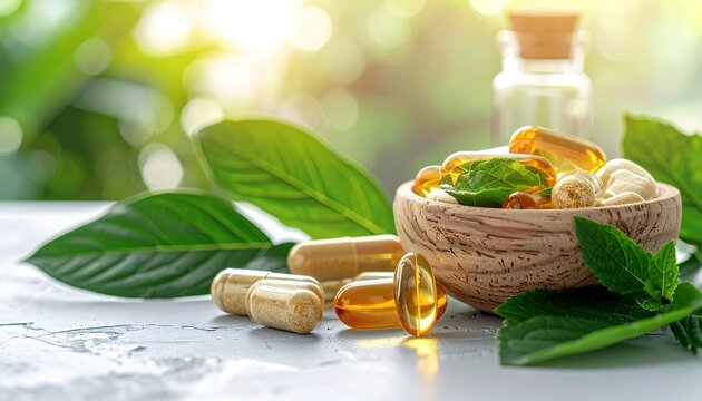 Wooden spoon filled with golden translucent capsules resting on a tree trunk in forest setting, with sunlight filtering through green leaves, symbolizing natural health and organic supplements.