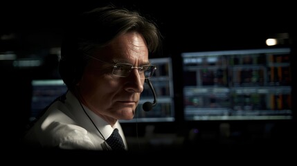 A serious man with a headset works in front of multiple computer monitors displaying data in a dimly lit office