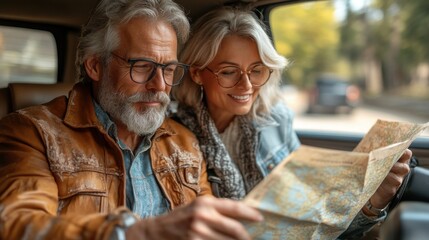 Exploring new destinations together senior couple reading a map in a car travel lifestyle outdoor intimate moment