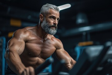 A fit, muscular older man with a gray beard works out intensely on exercise equipment in a modern gym setting