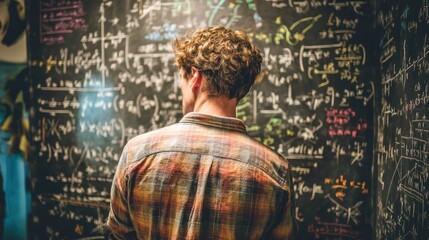 A person stands in front of a chalkboard filled with complex mathematical equations, deep in thought, analyzing and solving intricate problems