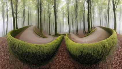 Serpentine pathways wind through a misty forest, adorned with vibrant moss-covered embankments, creating an ethereal and tranquil scene.
