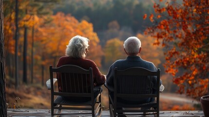 Elderly couple enjoying autumn scenery cozy deck photography peaceful nature intimate viewpoint