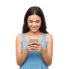 A young woman in a blue dress texting on her phone.