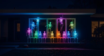 Spooky Halloween fun with colorful skeleton decorations on a house, ready for trick or treaters and festive autumn celebrations at night