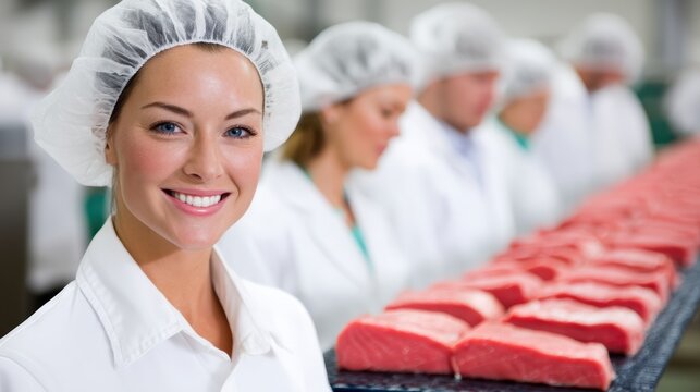 Woman in protective clothing smiling in a meat processing facility with raw meat on a conveyor belt
