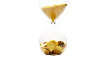 Hourglass with Gold Coins and Sand Flowing on Transparent Background hourglass filled gold