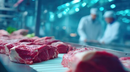 Fresh beef cuts on a conveyor belt in a modern meat processing facility with workers in the background
