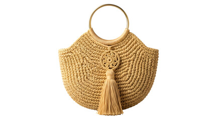 Elegant Woven Straw Tote Bag with Tassel and Gold Handle on transparent background
