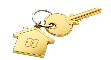 Golden house key with house keychain on transparent background for design projects golden