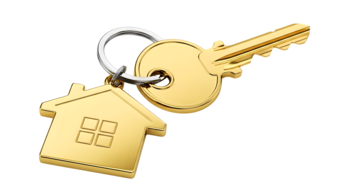 Golden house key with house keychain on transparent background for design projects golden