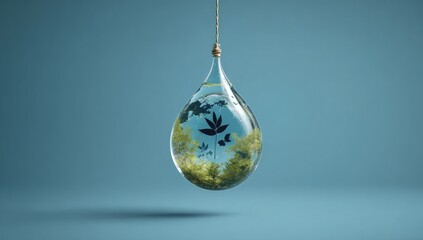 A teardrop-shaped glass vessel, suspended by a thin cord, holds a miniature ecosystem of greenery and stylized flora within its clear, reflective depths.