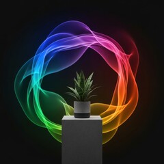A Minimalist Plant Display with a Vibrant Rainbow Aura