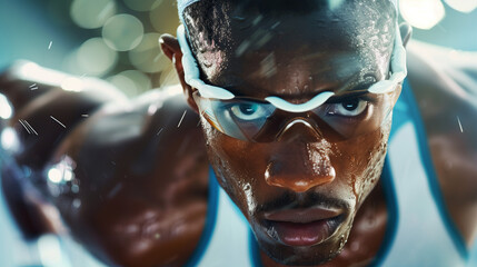 Determined Male Runner with Goggles Getting Ready for Sprint Race
