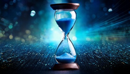 Blue Hourglass With Glowing Sand And Digital Background Design