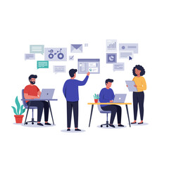 Creative business team collaborating on a project, analyzing data dashboards and financial reports in a modern office workspace illustration