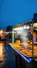 Grilled meat skewers on food cart at night