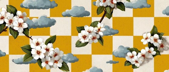 A cheerful pattern showcasing delicate white flowers and soft gray clouds, set against a vibrant mustard yellow and cream checkered background.