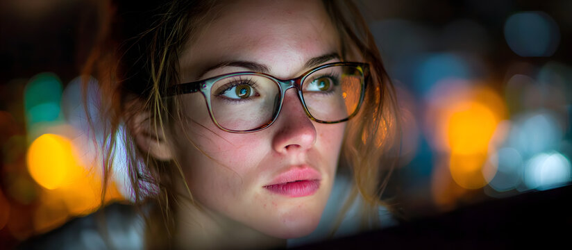 A female engineer in glasses is focused on a computer screen, working on nighttime cybersecurity maintenance and networking in a data center. - Powered by Adobe