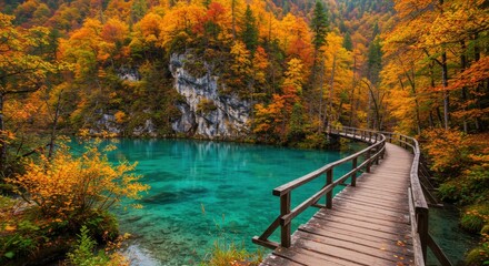 Fototapeta premium Autumnal lake scenery with wooden footbridge