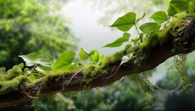 Green Vines Cascading Over Mossy Branch Rendering Verdant Jungle Backdrop With Transparent Overlay Ideal For Natural Design Compositions