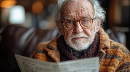 Reflective senior man reading newspaper at home indoor setting close-up view realism in everyday life