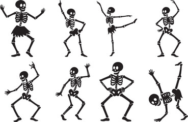 Happy Halloween skeleton dancing silhouette background.