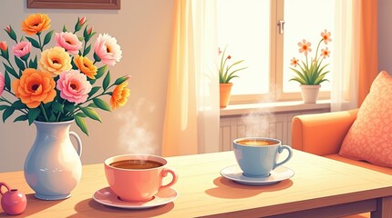 Cozy indoor scene with coffee and flowers
