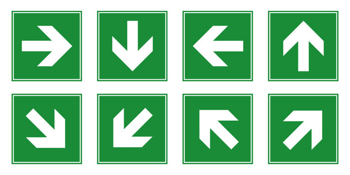 Green emergency exit direction sign set, safety assembly point symbol, escape help evacuation, straight pointer arrow