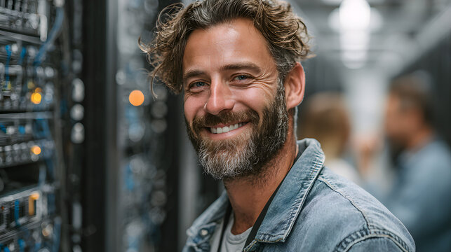 Smiling IT Engineer Working on High-Performance Servers in Data Center