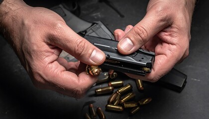 Fototapeta premium Hands handling a gun magazine and ammunition