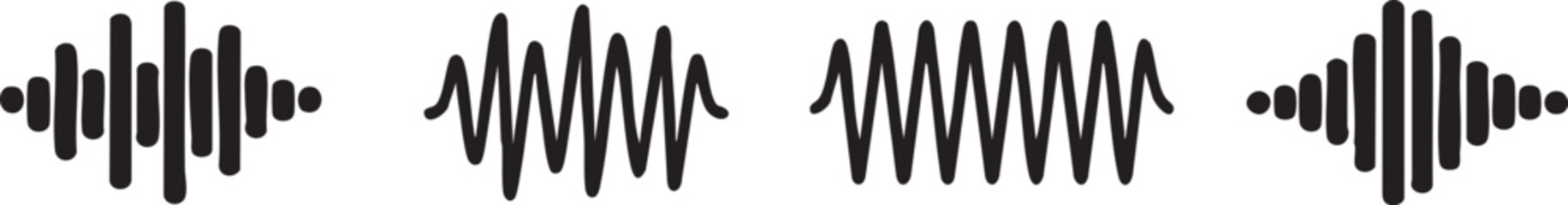 Black podcast sound wave patterns with varying amplitude bars for audio visualization and media interfaces. Digital frequency lines on white bg for music players, recording apps or broadcast design.