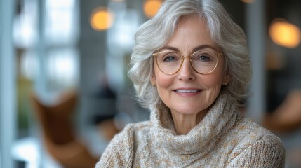 Elegant senior woman smiling in cozy portrait photography warm atmosphere soft lighting intimate indoor setting