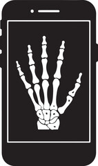 Mobile Bone Scan Icon – Solid black silhouette of smartphone showing bone x-ray. 