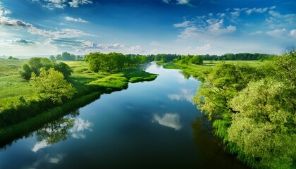 Fototapeta premium A Tranquil River With Lush Green Banks Reflecting The Sunny Sky Is Perfect For Naturethemed Projects