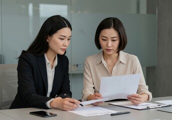 Fototapeta premium Two focused women colleagues collaborating intently over documents at a modern office desk discussing business strategy and project details