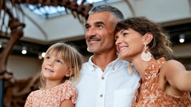 Happy family posing together in a museum with dinosaur skeleton  