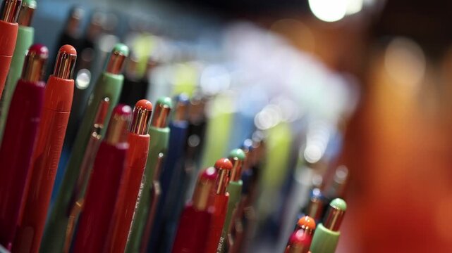 Close up of colorful pens displayed in rows with shallow depth of field highlighting shiny details and blurred background symbolizing creativity learning and everyday writing essentials
