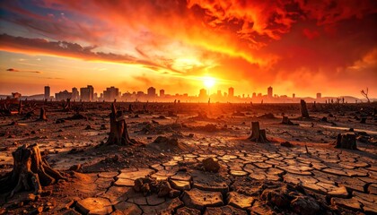 Dramatic sunset over barren landscape with climate change concept.