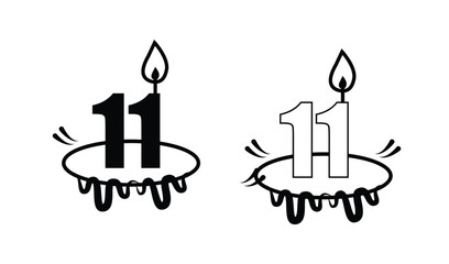Obraz premium Two black and white outline number 11 birthday candles with flames