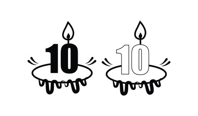Two number 10 candles burning on a cake with dripping wax