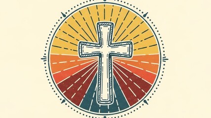 Vintage cross design with rays of color radiating from the center, suitable for religious themes